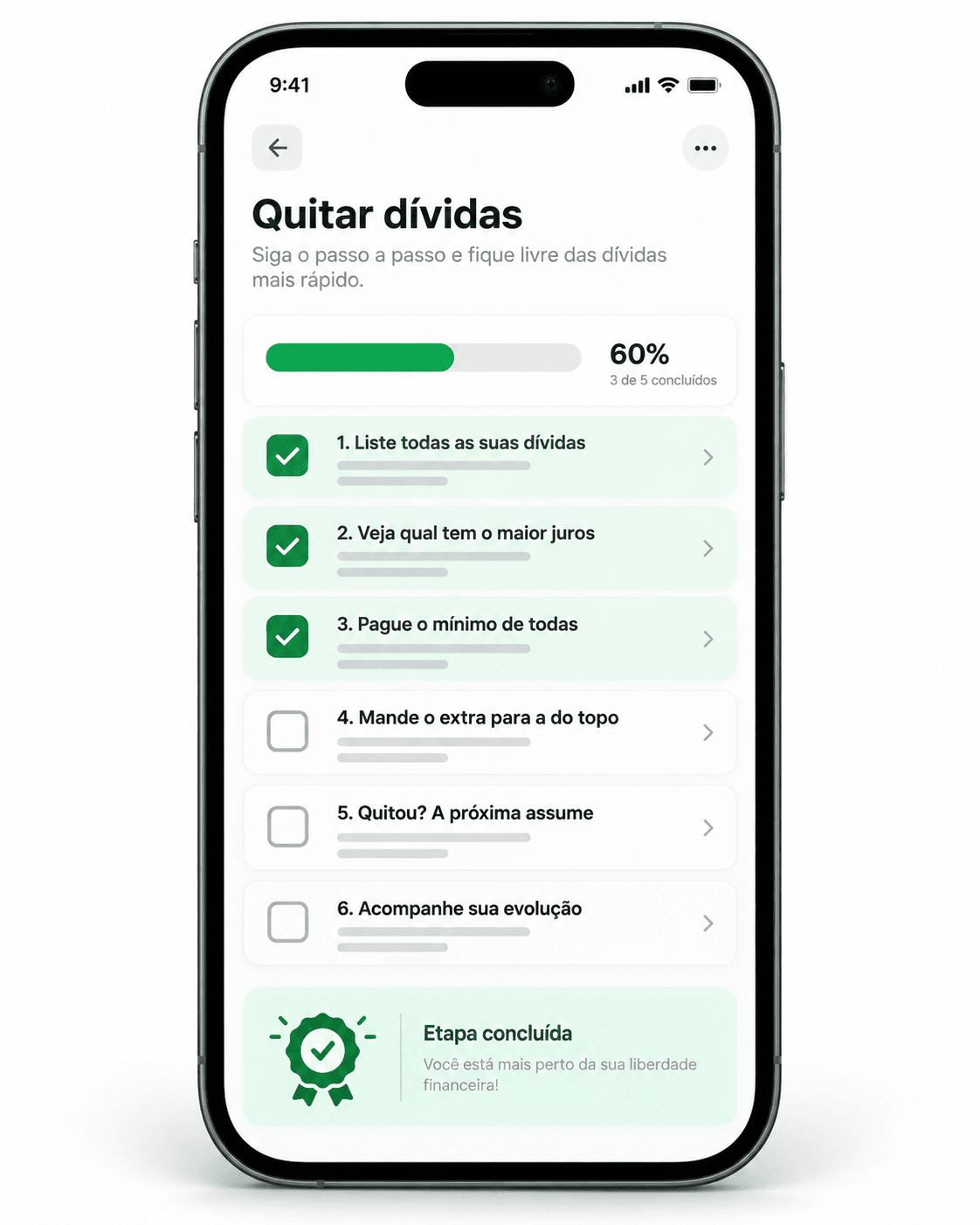 Checklist de quitação de dívida OrganiZ com itens marcados e barra de progresso